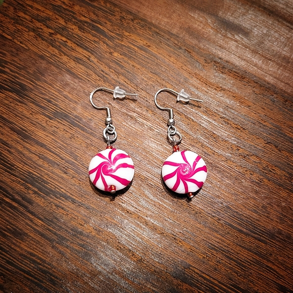 Red Minty Glass & Stainless Steel Earrings, Hand Crafted! - Picture 3 of 4